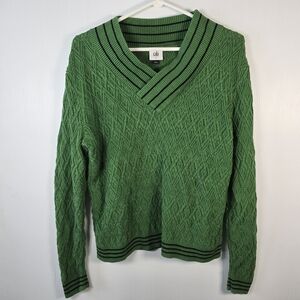 Cabi Lucky Day Pullover Sweater Kelly Green/Blue Bands Cotton Blend Size Small